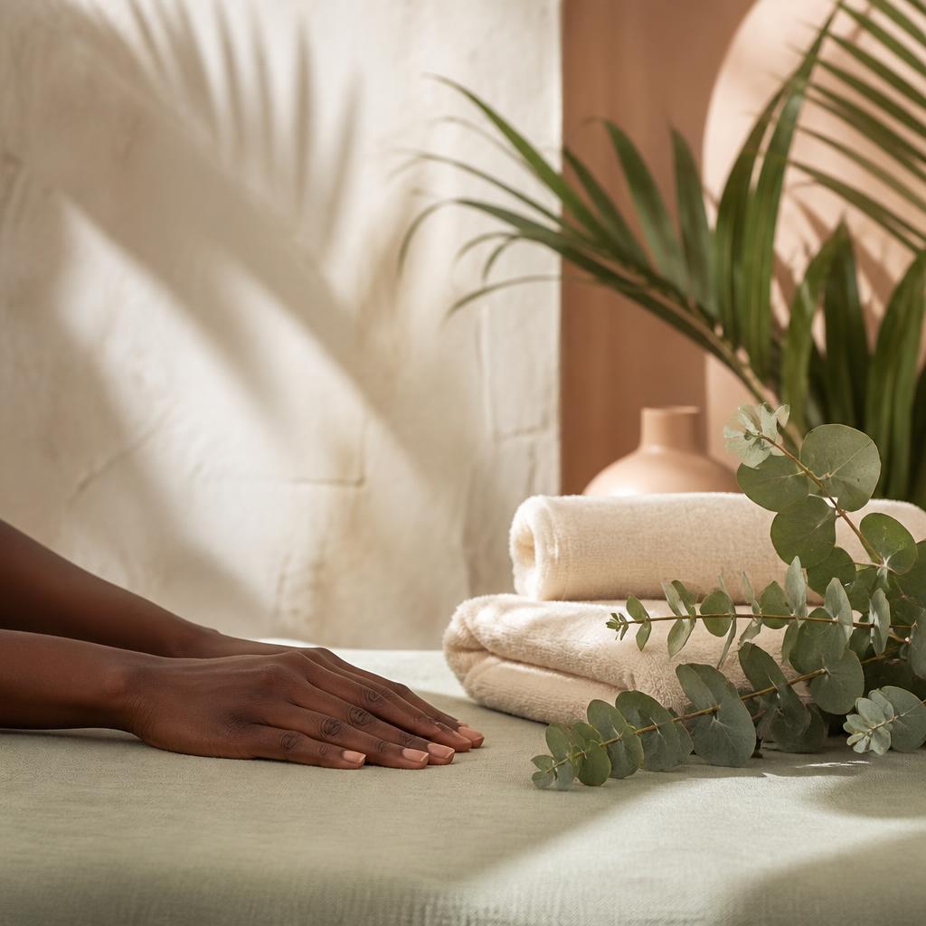 Folded cream towels beside tropical greenery in warm sunlight